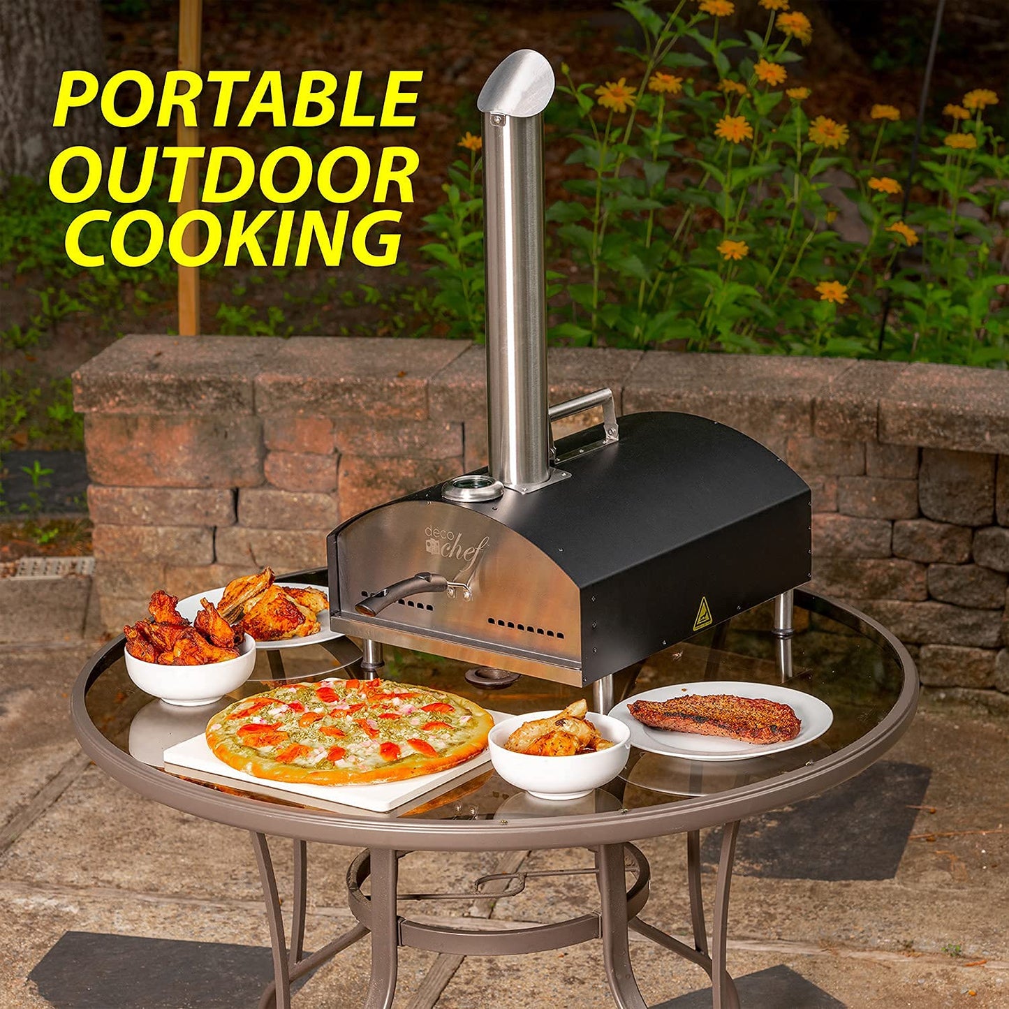 Deco Chef Outdoor Pizza Oven with 2-in-1 Pizza and Grill Oven Functionality, 13" Pizza Stone, Portable 3-Layer Stainless Steel Construction, Pizza Peel, Dough Scraper, Scoop, Slotted Grill (Black)