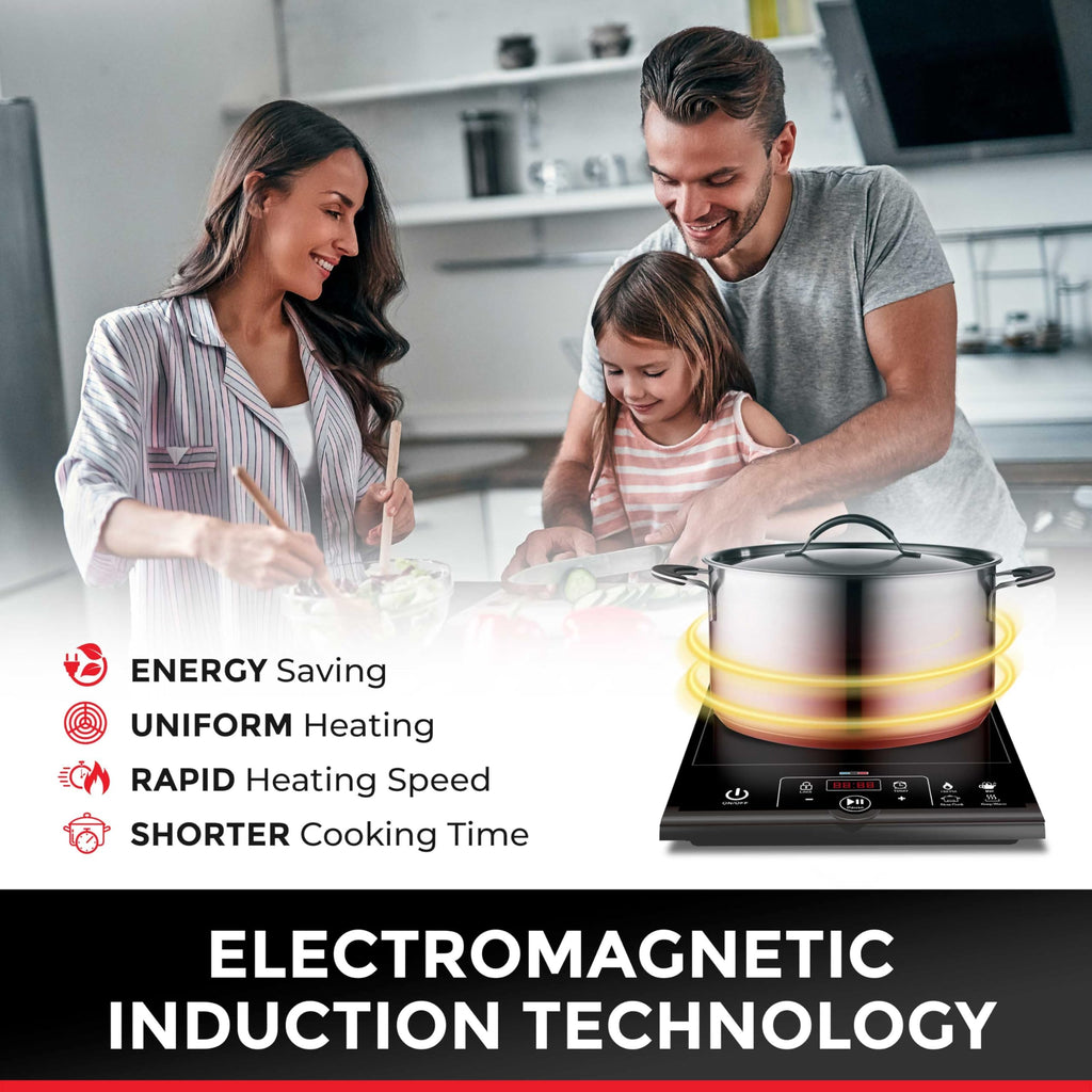 Kuchenka indukcyjna Mueller RapidTherm, przenośna płyta grzewcza, palnik elektryczny 1800 W, 8 poziomów temperatury do 460°F, automatyczne wyłączanie i wykrywanie garnka, wyświetlacz LED, blokada rodzicielska, 4 programy, palniki do gotowania