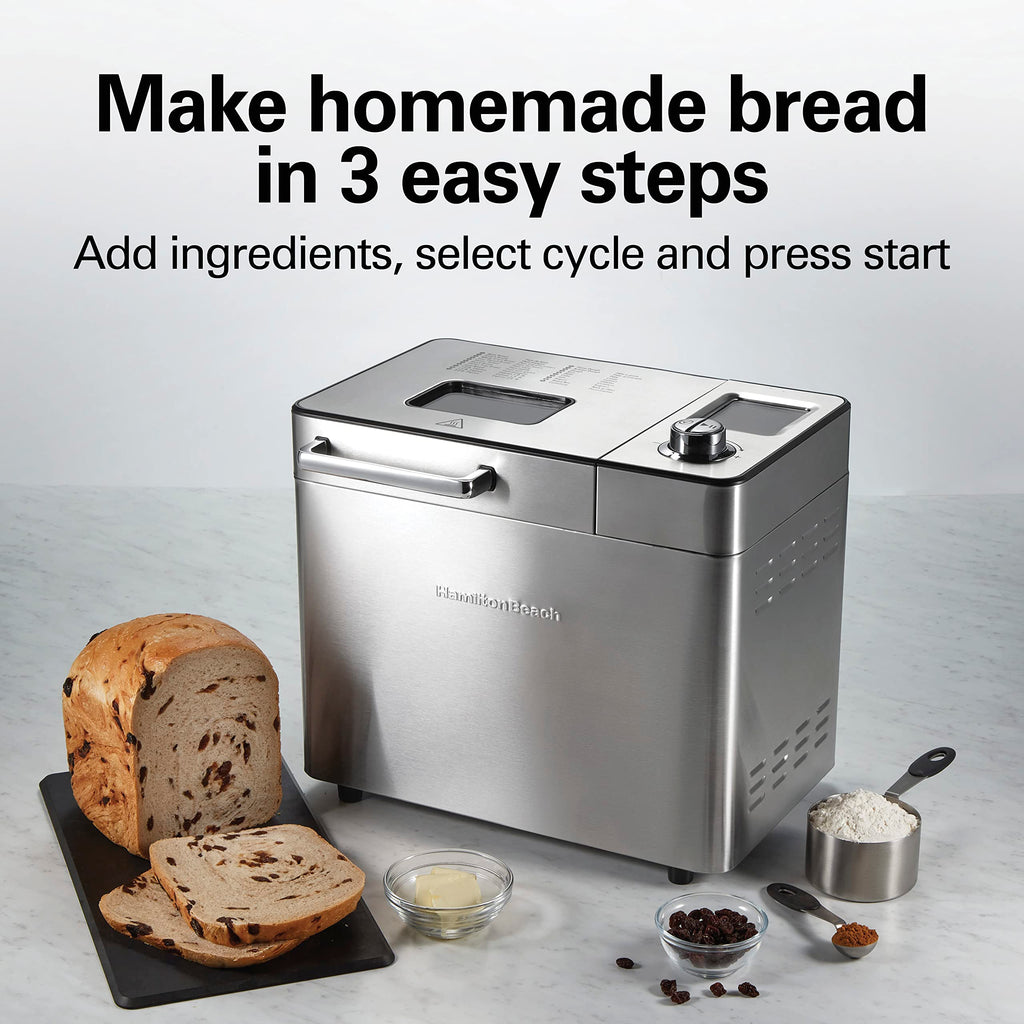 Hamilton Beach 29890 Premium Dough &amp; Bread Maker Machine z automatycznym dozownikiem owoców i orzechów, pojemność bochenka 2 funty, 21 programowalnych ustawień, obejmuje bezglutenowe + keto, stal nierdzewna