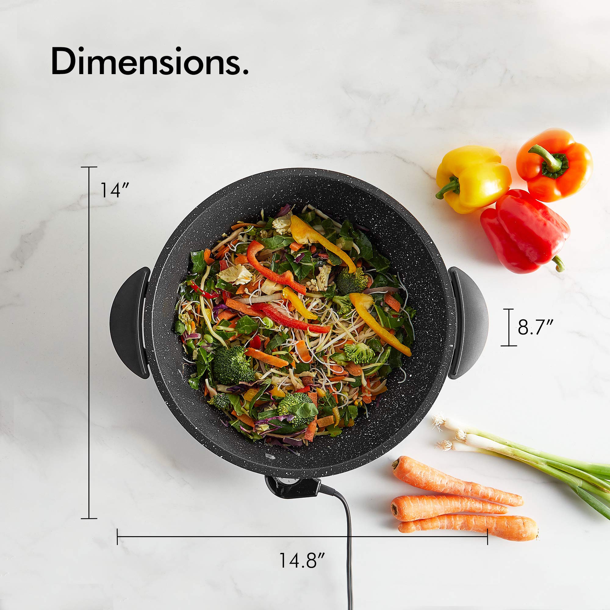 Електрична сковорода-вок VonShef 7.4Qt з кришкою – регульований контроль температури – ручки з холодним покриттям – антипригарне покриття, легко миється – 14 дюймів