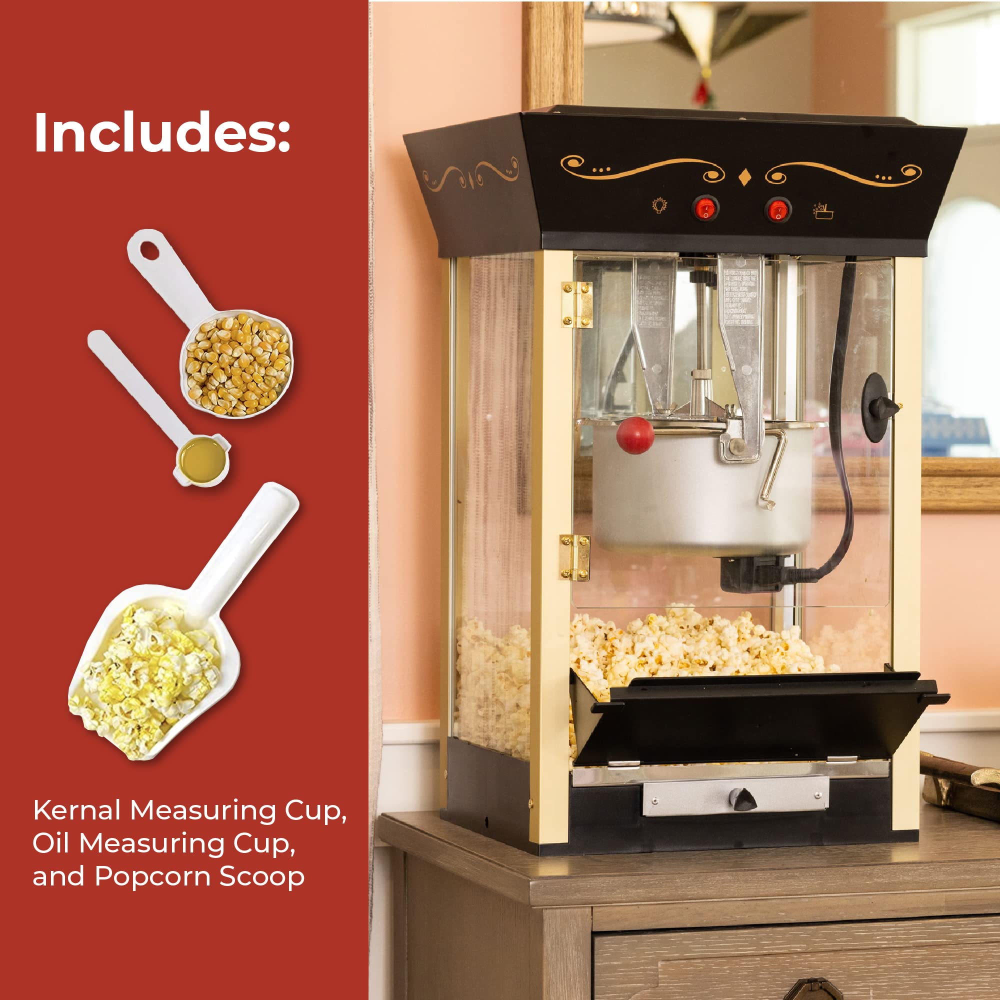 Maszyna do popcornu Nostalgia - Profesjonalny wózek z czajnikiem 8 Oz, który pozwala przygotować do 32 filiżanek - Maszyna do popcornu w stylu kina vintage - Czarna