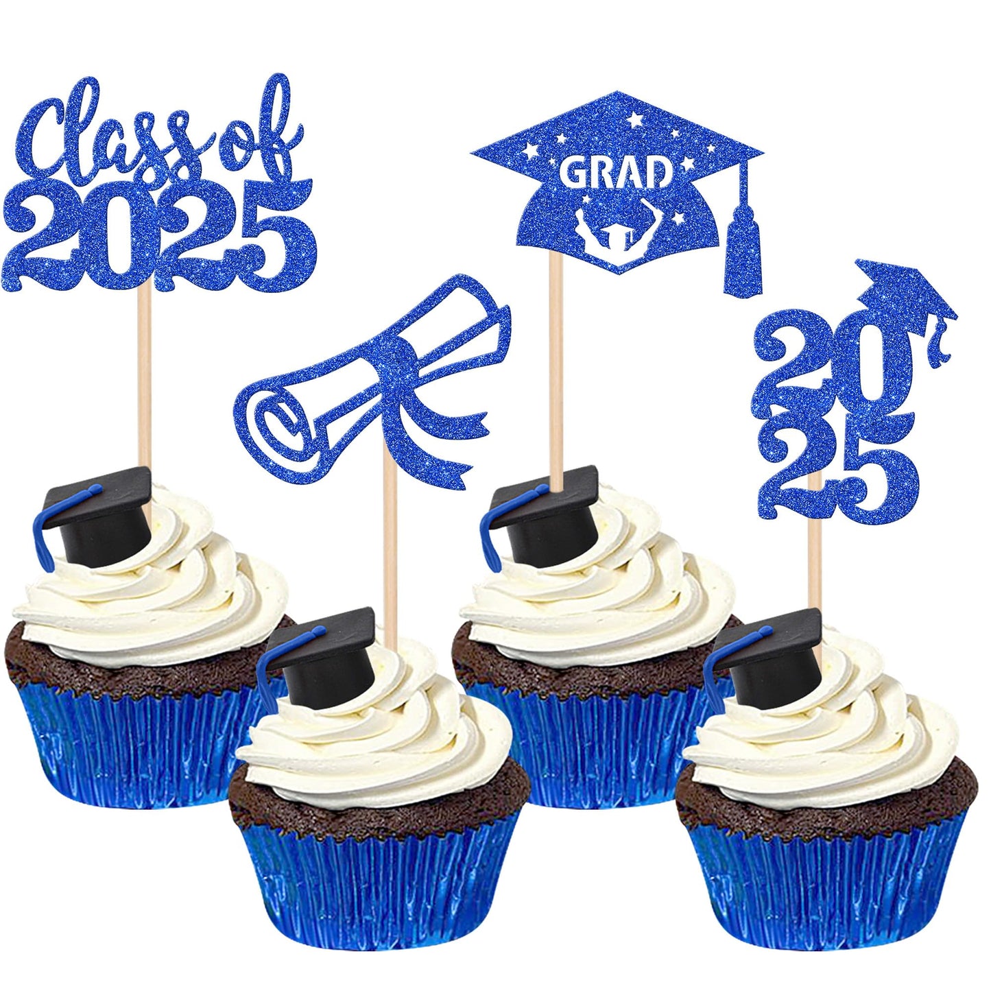 24 PCS 2025 Graduation Cupcake Toppers Glitter Diploma Congrats Grad Cap Cupcake Picks Class of 2025 Cake Decorations for 2025 Graduation Theme Party Supplies Pink