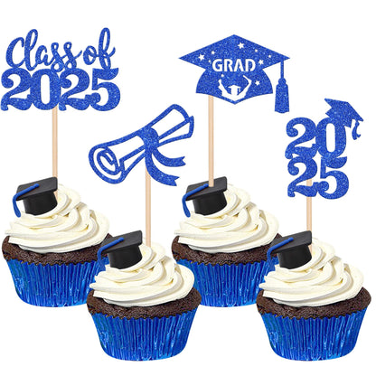 24 PCS 2025 Graduation Cupcake Toppers Glitter Diploma Congrats Grad Cap Cupcake Picks Class of 2025 Cake Decorations for 2025 Graduation Theme Party Supplies Pink