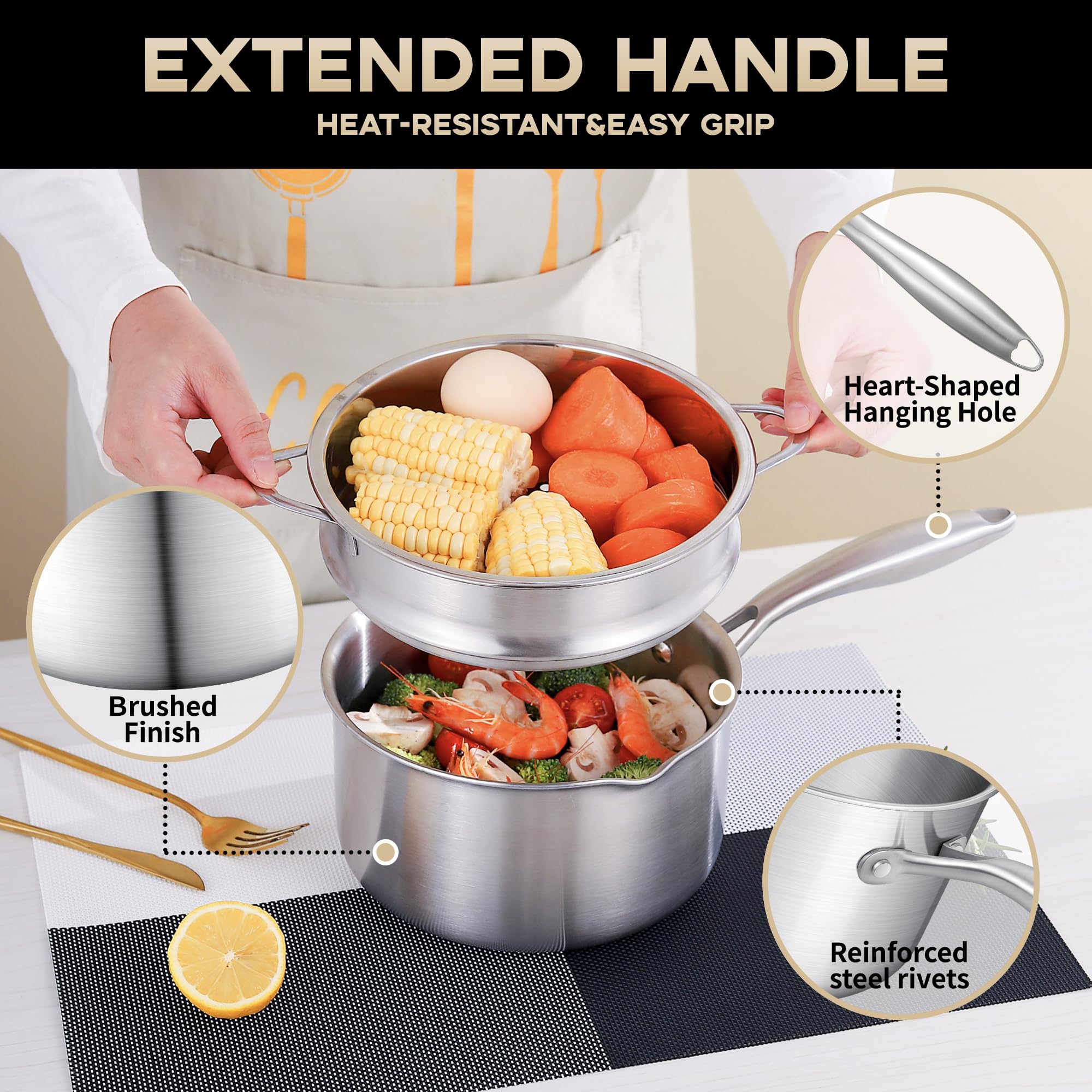 Leetaltree 3-Ply Stainless Steel Cookware Set - 1.5 Quart Saucepan with Steamer Basket & 7" Fry Pan, Multipurpose Sauce Pot with Two-Size Drainage Holes Lid, Induction Oven Safe, Pots and Pans