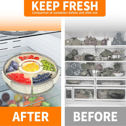 Divided Serving Tray with Lid and Handle, Stackable Snackle Box Container for Fruits Candy Organizer, Portable Spinning Rounded Veggie Tray for Kitchen, Party, Trave and Picnic-1 Pack