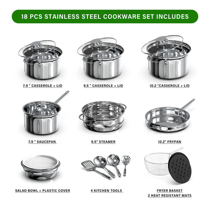 18-Piece Stainless Steel Kitchen Cookware Set, Including Saucepan, Casseroles with Tempered Glass Lid, Frypan, Steamer, Salad Bowl with Cover, Fryer Basket, Heat Resistant Mat & Utensils Set, Silver