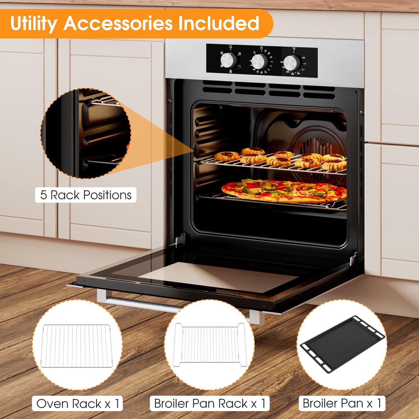 COSTWAY 24" Single Wall Oven, Electric Built-in Wall Oven with 2.47 Cu. Ft. Capacity, 5 Cooking Functions, 360° Rotisserie and Timer, 2300W Built-in Oven in Stainless Steel with Mechanical Knobs