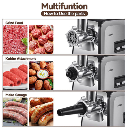 ALTRA LIFE Meat Grinder, Sausage Stuffer, [2800W Max] Electric Meat Mincer with Stainless Steel Blades & 3 Grinding Plates,Sausage Maker & Kubbe Kit for Home Kitchen & Commercial Using