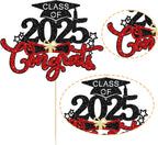 1Pc Congrats Grad 2025 Cake Topper Red Glitter Diploma Graduation Cap Cake Pick Congrats Class of 2025 Cake Decorations for 2025 Graduation Theme High School Boys Girls Graduate Party Supplies