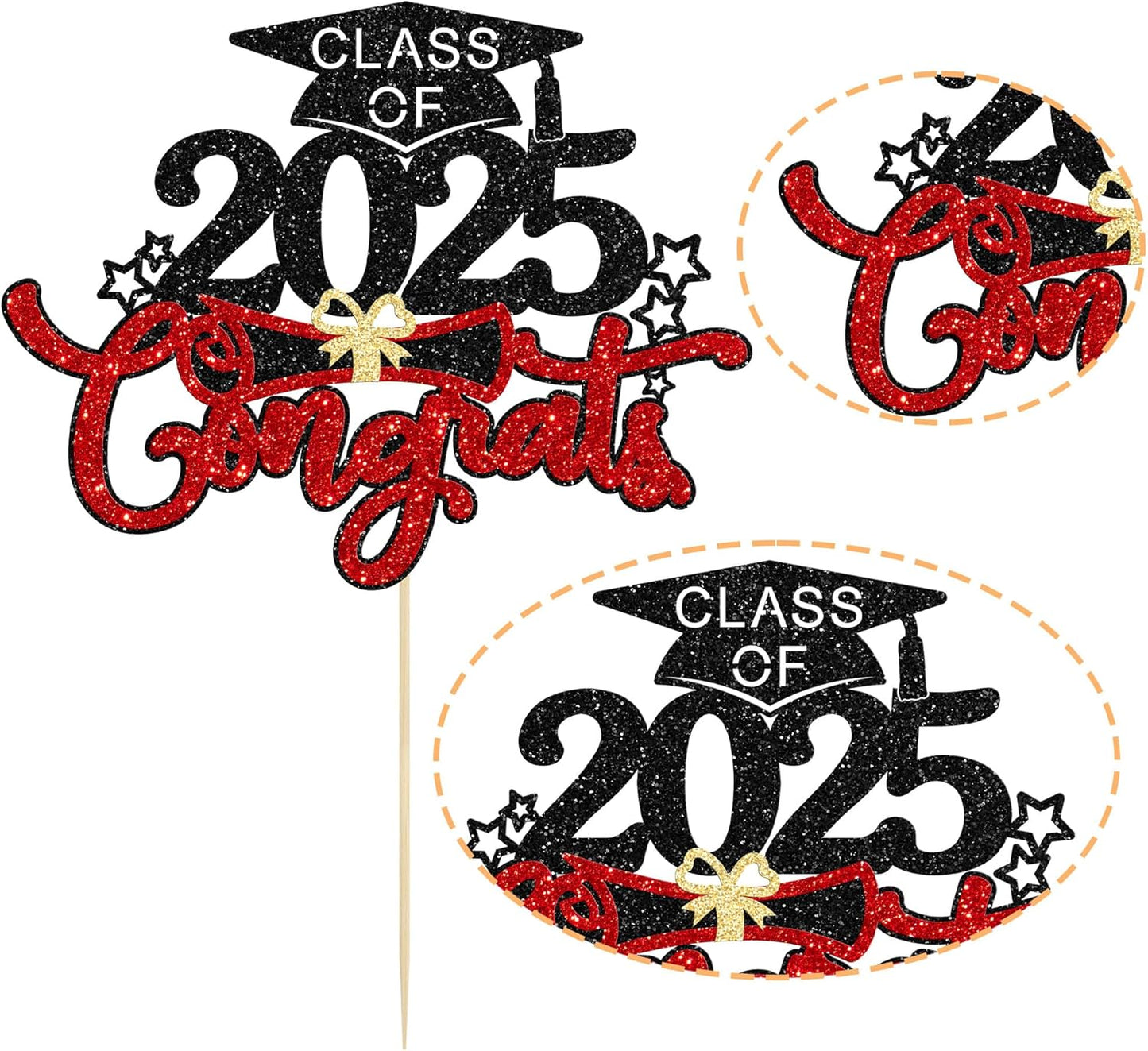 1Pc Congrats Grad 2025 Cake Topper Red Glitter Diploma Graduation Cap Cake Pick Congrats Class of 2025 Cake Decorations for 2025 Graduation Theme High School Boys Girls Graduate Party Supplies