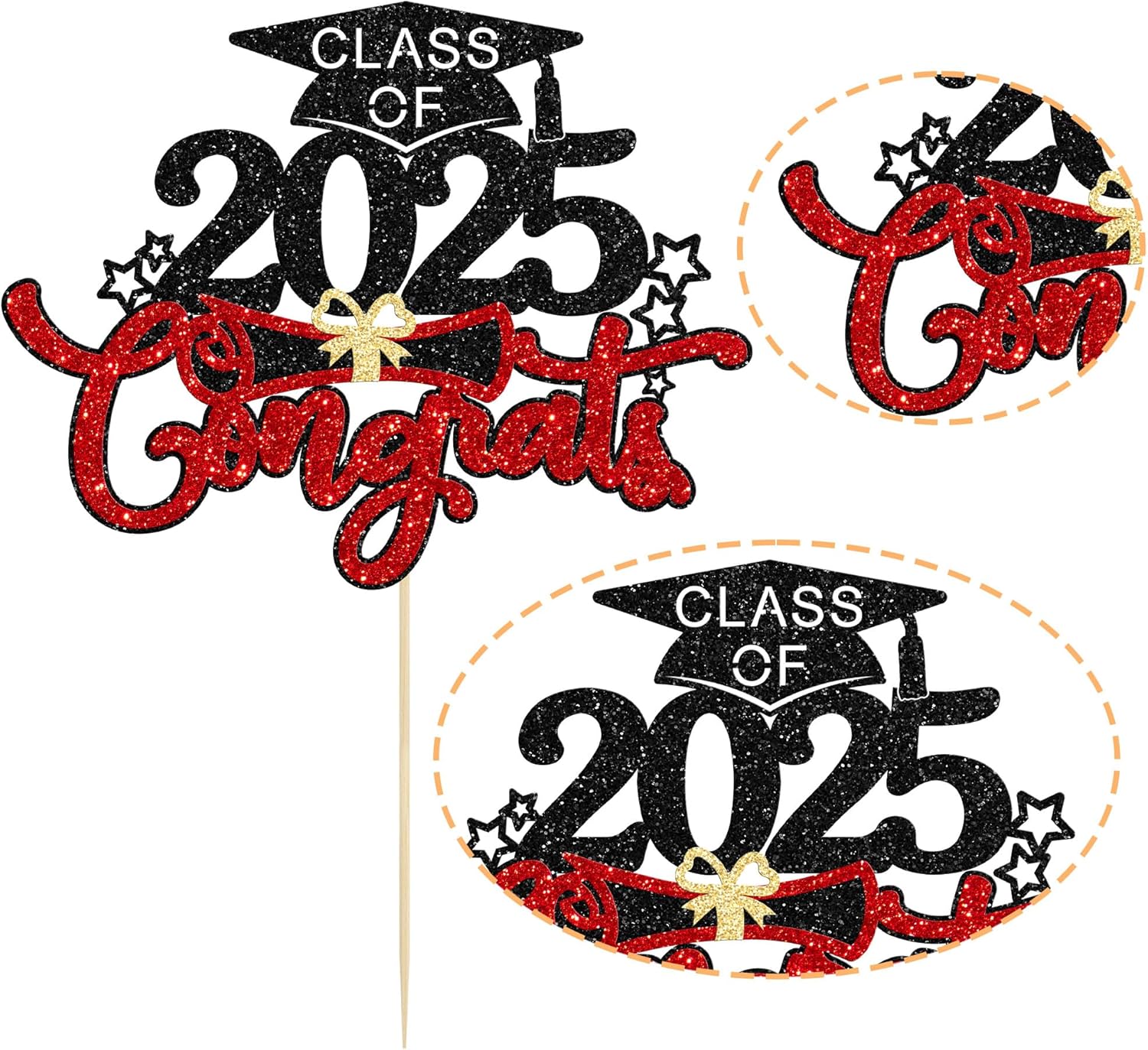 1Pc Congrats Grad 2025 Cake Topper Red Glitter Diploma Graduation Cap Cake Pick Congrats Class of 2025 Cake Decorations for 2025 Graduation Theme High School Boys Girls Graduate Party Supplies