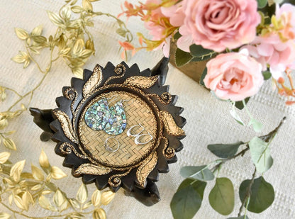 AeraVida Wooden Tray Rejoicing Elephant Leaves Carved Design Round Rain Tree Wood Home Decor Accent with Woven Straw Base 6.5 Inch Gift Display Bowl