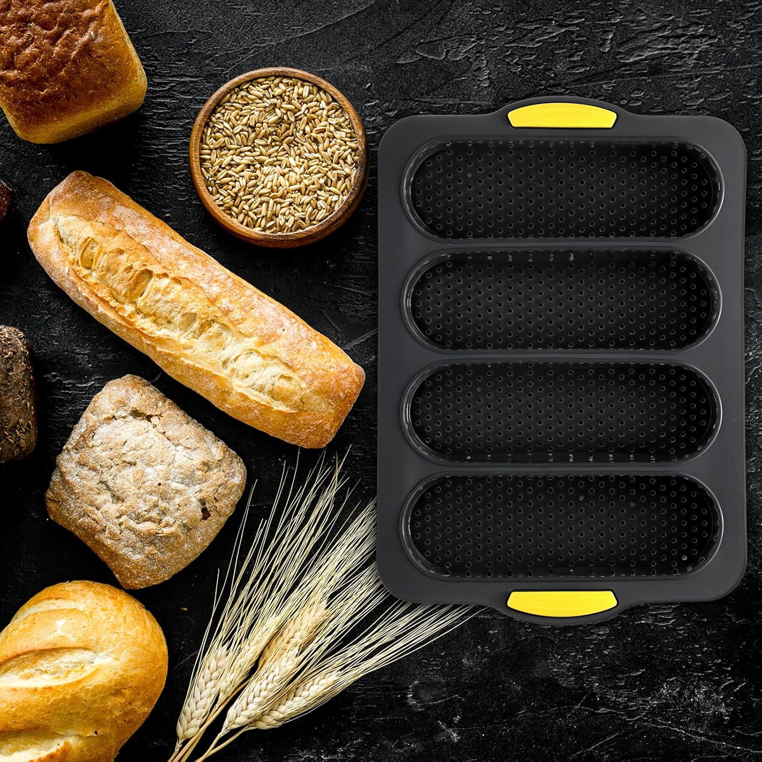 8 Pcs Silicone Baguette Hamburger Bun Baking Pan Set 4 6 9 Cup French Bun Mold 3 Cup Nonstick Baguette Bread Pan with Tool for Homemade Bread Loaf Sandwich Microwave