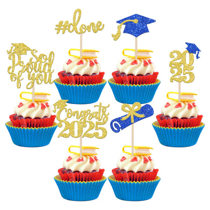 24 PCS 2025 Graduation Cupcake Toppers Glitter Diploma Congrats Grad Cap Cupcake Picks Class of 2025 Cake Decorations for 2025 Graduation Theme Party Supplies Pink