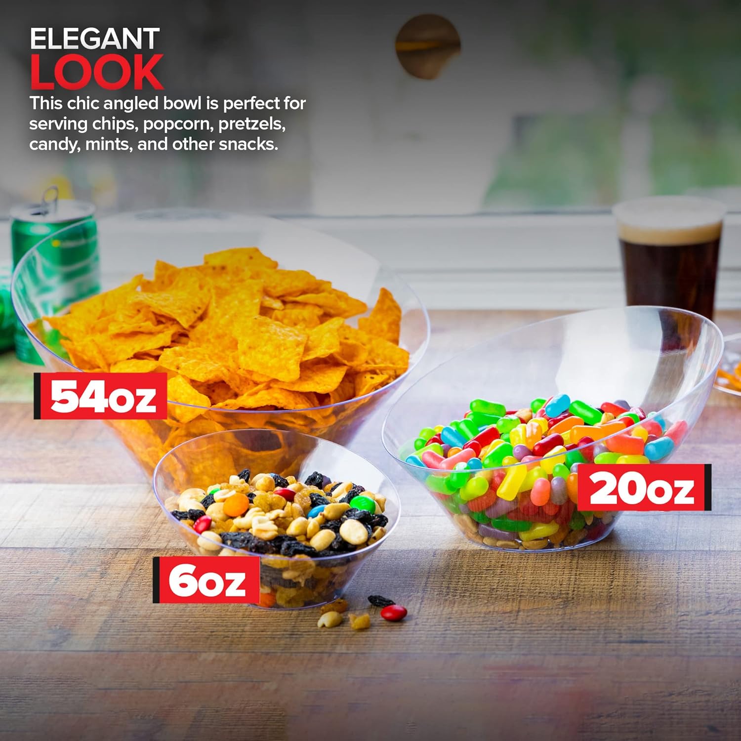 20oz Clear Plastic Serving Bowls (4 Pack) Medium Disposable Candy Dishes, Buffet Containers, Chips, Popcorn, Snacks, Mints, Salad Bar, Snack Bowl, Parties, Office Desk, Bridal Shower, Party Supplies