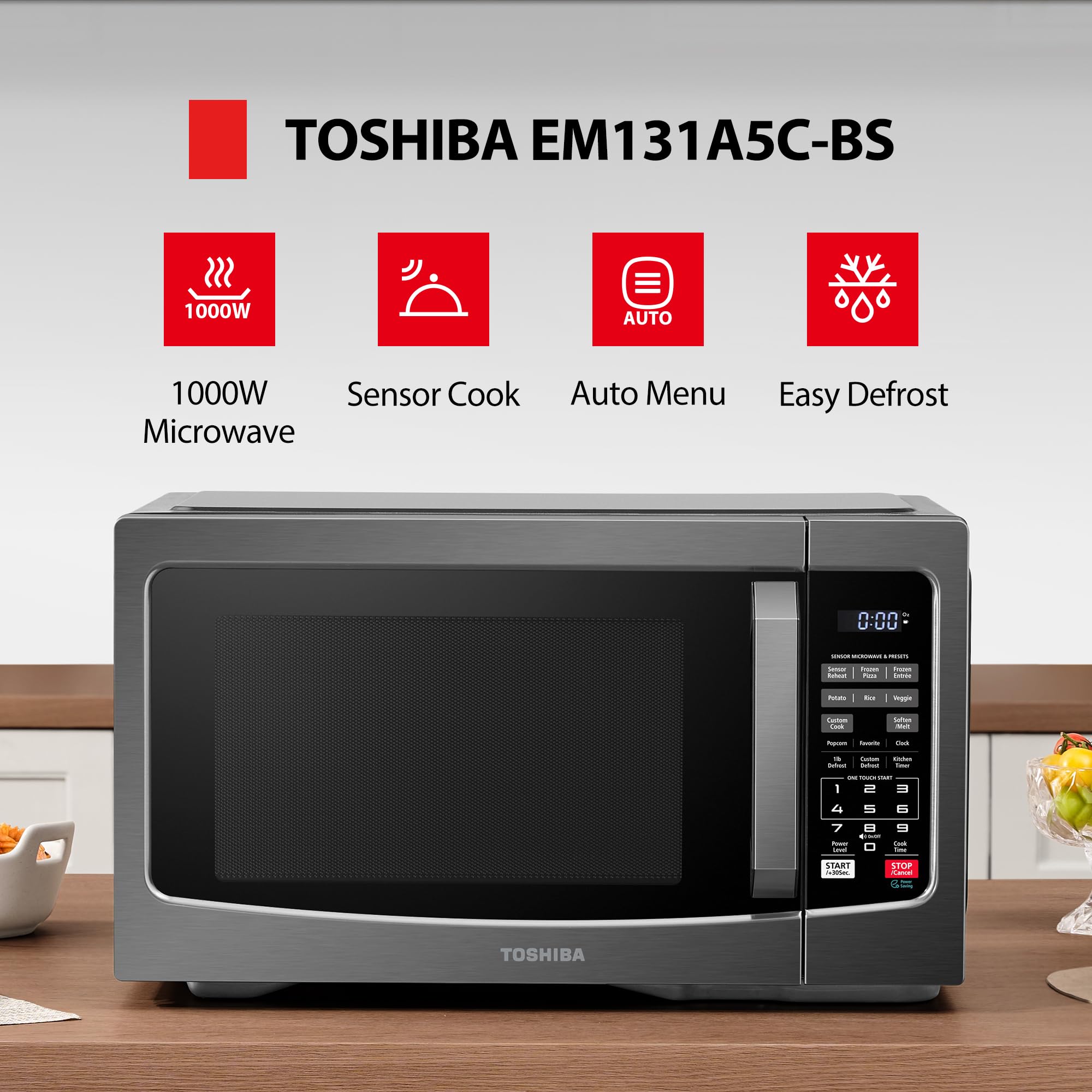 Kuchenki mikrofalowe TOSHIBA EM131A5C-BS do blatu, 1,2 stopy sześciennej, 12,4 cala, wyjmowany talerz obrotowy, inteligentny czujnik wilgotności, 12 automatycznych menu, funkcja wyciszenia, tryb ECO, łatwe czyszczenie wnętrza, kolor czarny, 1100 W