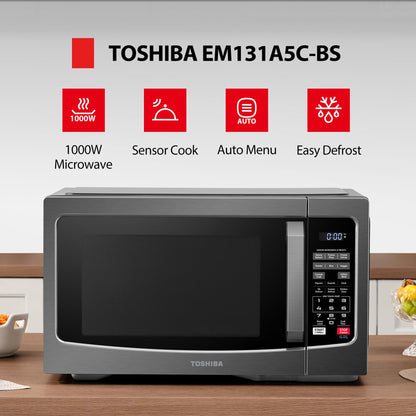 TOSHIBA EM131A5C-BS Countertop Microwave Ovens 1.2 Cu Ft, 12.4" Removable Turntable Smart Humidity Sensor 12 Auto Menus Mute Function ECO Mode Easy Clean Interior Black Color 1100W