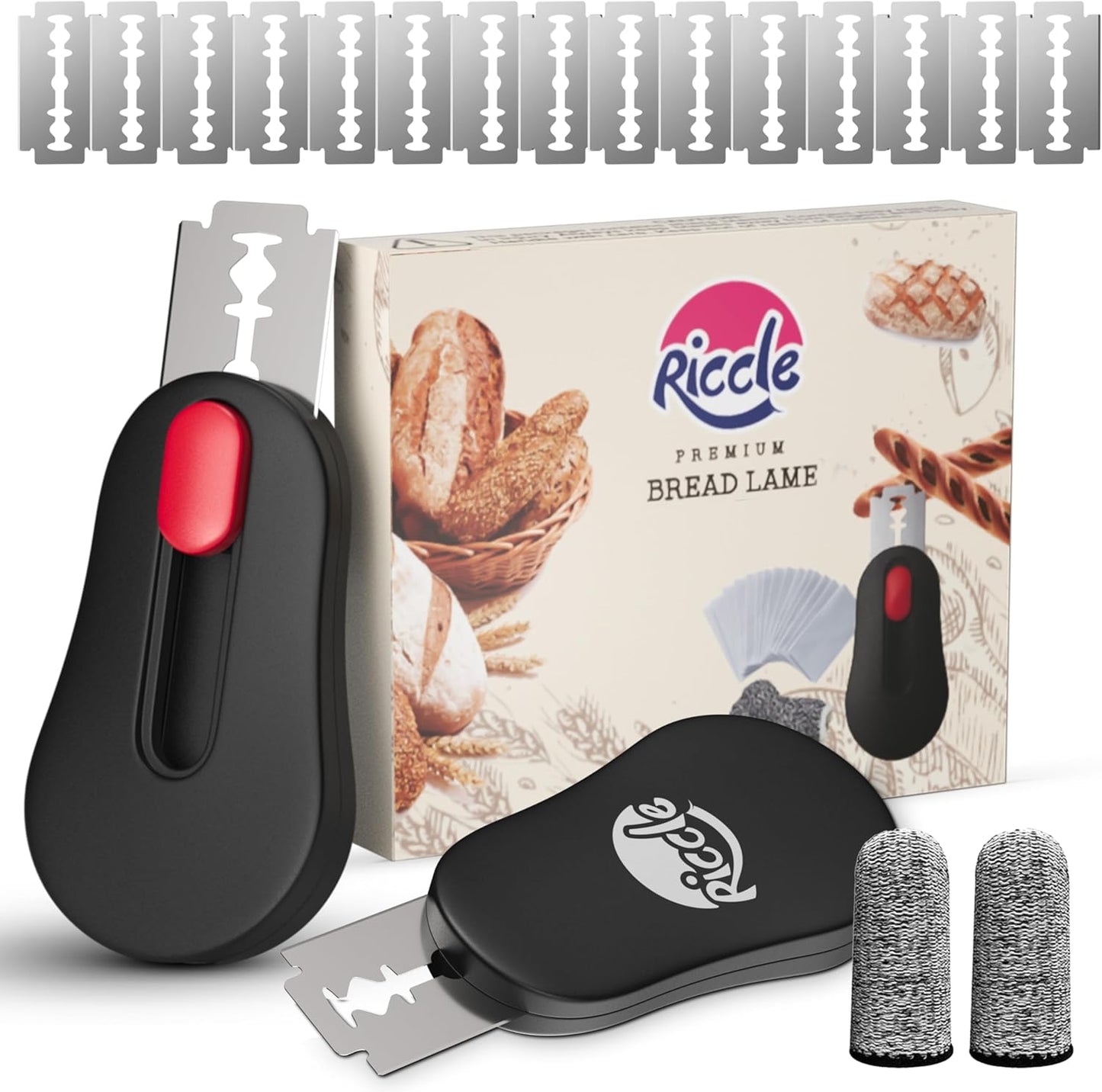 RICCLE Magnetic Bread Lame Dough Scoring Tool - Professional Sourdough scoring tool for Sourdough Bread baking & Bread Making Tools with 15 Blades and 2 Finger Cots Cut Resistant Protector