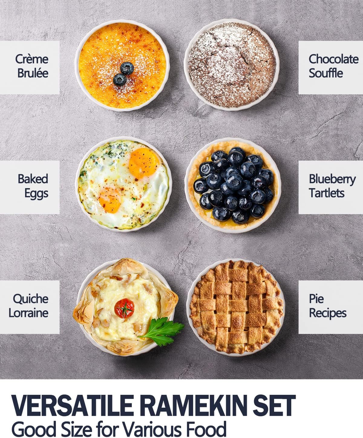 8 Oz Creme Brulee Ramekins, Porcelain Ramekins Oven Safe, Round Tart Pan Mini Fluted Quiche Dishes, Set of 6, White