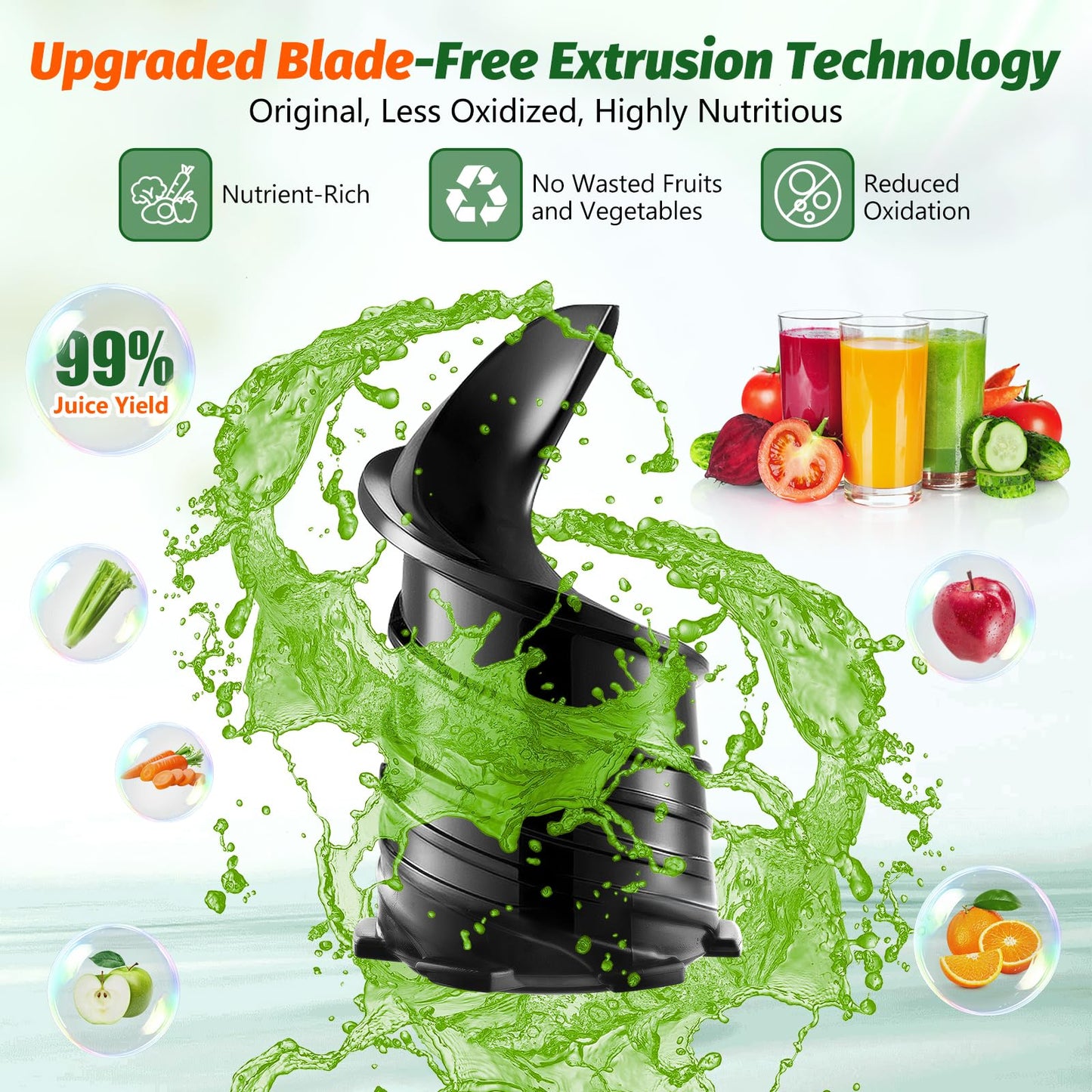 Cold Press Juicer, Masticating Juicer with 5.4" Wide Feed Chute, 350w Slow Juicer Machines Fit Whole Vegetables and Fruits,Juice Extractor Machine with High Juice Yield, Easy to Clean(Black)