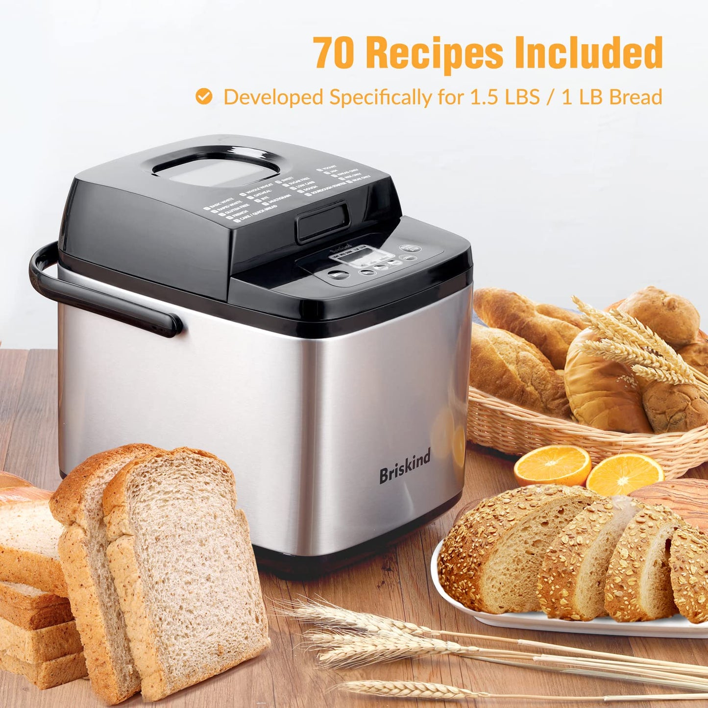 Briskind 19-in-1 Compact Bread Maker Machine, 1.5 lb / 1 lb Loaf Small Breadmaker with Carrying Handle, Including Gluten Free, Dough, Jam, Yogurt Menus, Bake Evenly, Automatic Keep Warm, 3 Crust Color