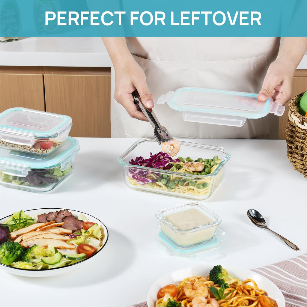 Vtopmart 8 Pack Szklane pojemniki do przechowywania żywności z hermetycznymi pokrywkami, Szklane pojemniki do przygotowywania posiłków, Bento Boxy na lunch, do kuchenki mikrofalowej, piekarnika, zamrażarki i zmywarki, bez BPA