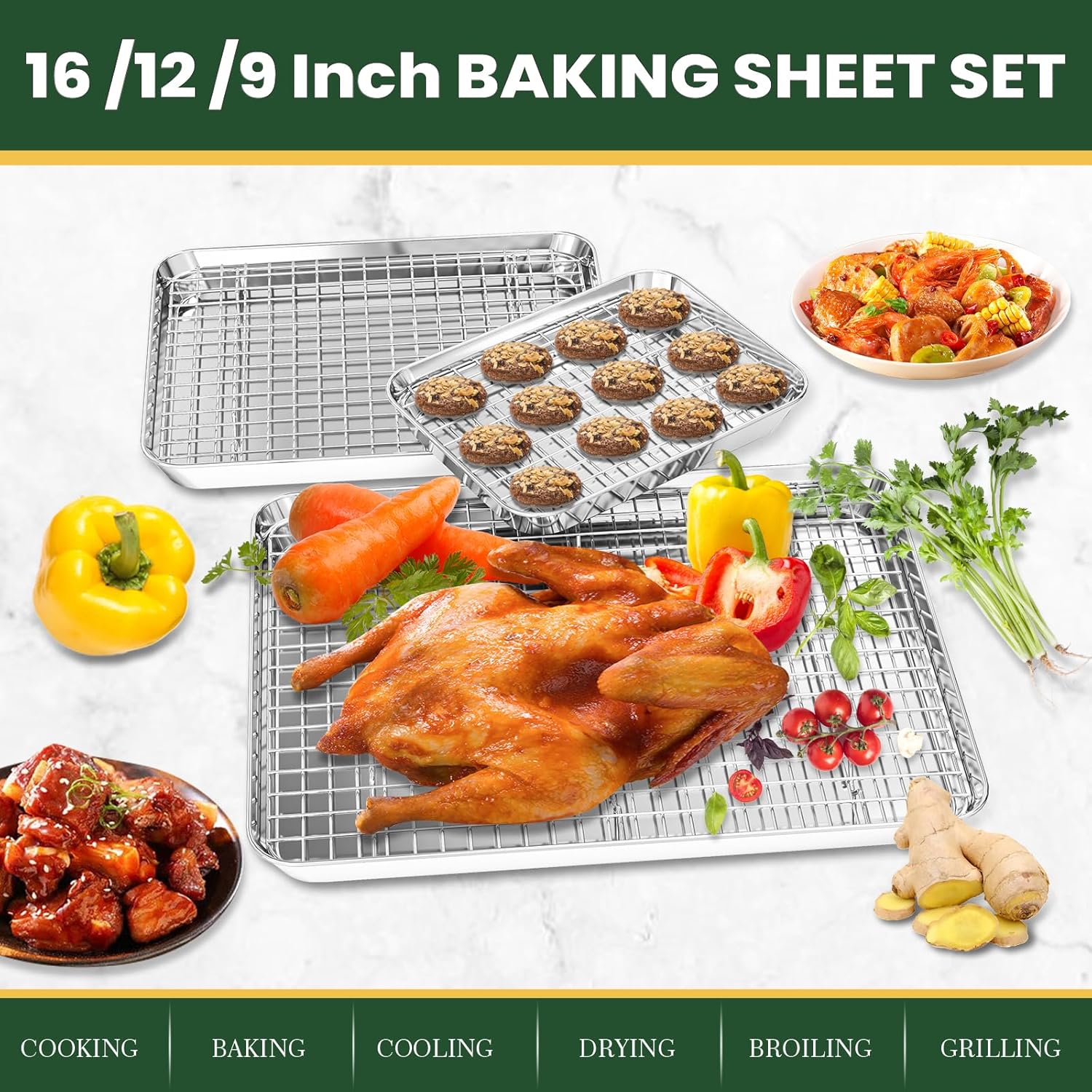 Baking Sheet Cookie Pans Set with Cooling Rack Cookie Sheets for Baking Stainless Steel Pan for Baking Bakeware Sets 3PCS Cooling Racks for Cooking and Baking for Bacon Pizza Pan 9/12/16 Inch