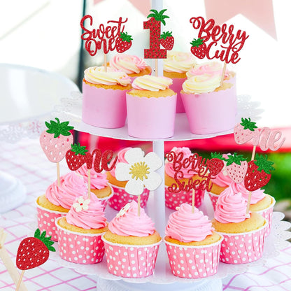 30 PCS Sweet One Strawberry Cupcake Toppers Glitter Sweet Berry 1st Birthday Cupcake Picks Strawberry Birthday Decorations for Baby Shower Kids First Birthday Party Cake Decorations Supplies