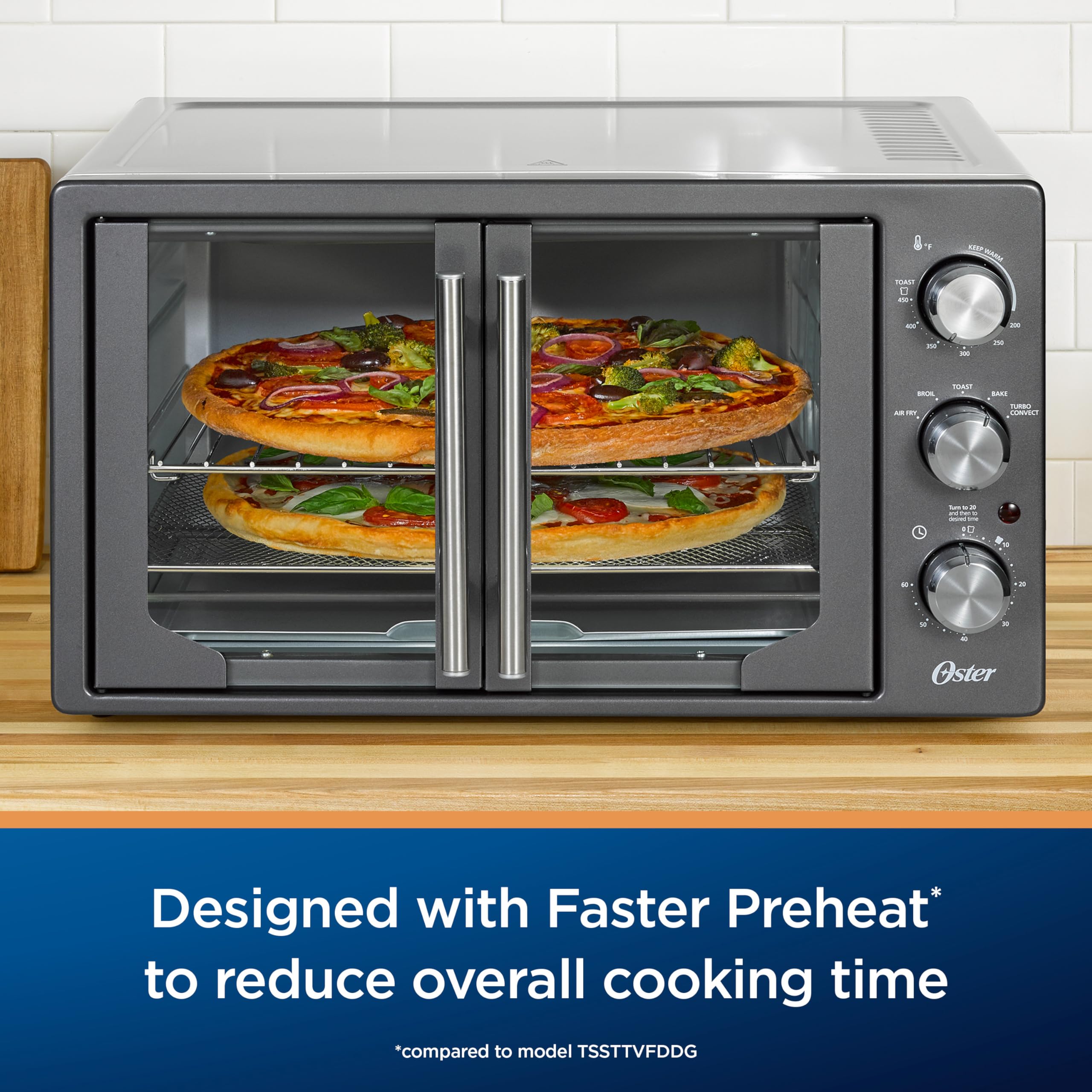 Oster Extra-Large French Door Air Fryer Countertop Oven, stal nierdzewna, 60-minutowy timer, 6 funkcji gotowania, uniwersalne akcesoria, zmniejsza zużycie energii i czas gotowania