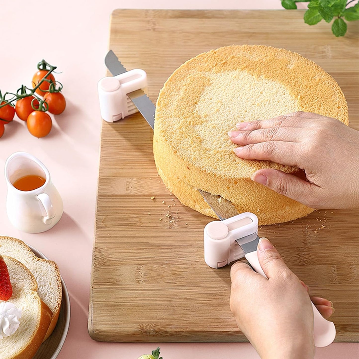 4PCS DIY Cake Slicer, Stratification Auxiliary, Bread Slice, Toast Cut, Adjustable 5 Layers Leveler Slicer, Kitchen Fixator Tool (Pink)