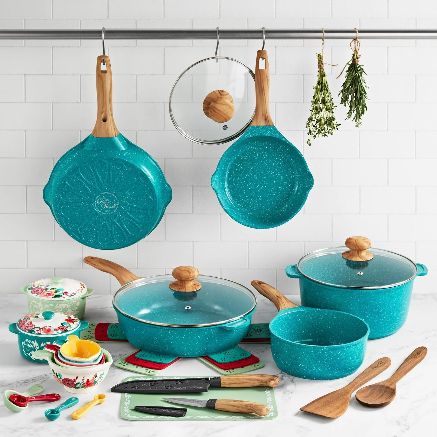 The Pioneers Womans Prairie Signature 30-Piece Cast Aluminum Cookware Set, Teal – Nonstick, Oven Safe, Durable Cookware with Utensils, Knives, and Storage Protection