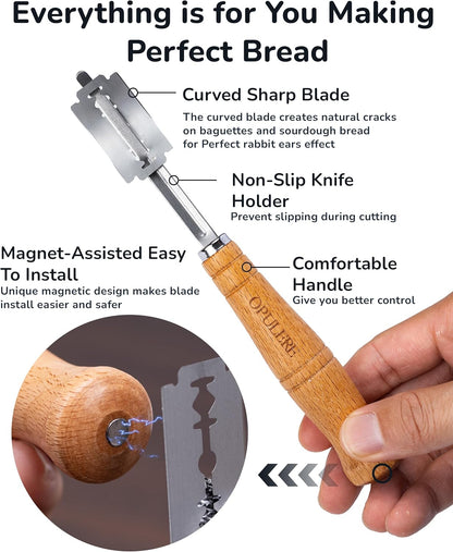 Bread Lame Dough Scoring Tool with Storage box, Pre Installed Blade Open Ready to Use, Included 10 Blades, Pattern Marking String, Cut Proof Finger Cots,Wood Handle with Magnetic, for Sourdough Baking