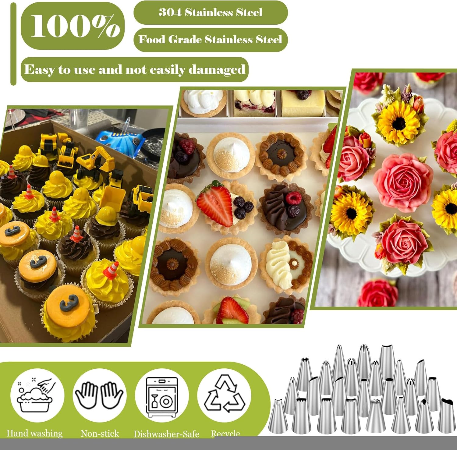 FANTEXY Piping Tips Set,29 Pieces Cake Decorating Supplies Kits with 24 Standard Piping Tips, 3 Scrapers,1 Converter,1 Reusable Pastry Bag, Stainless Steel Icing Nozzles for Cakes, Cupcakes, Cookies