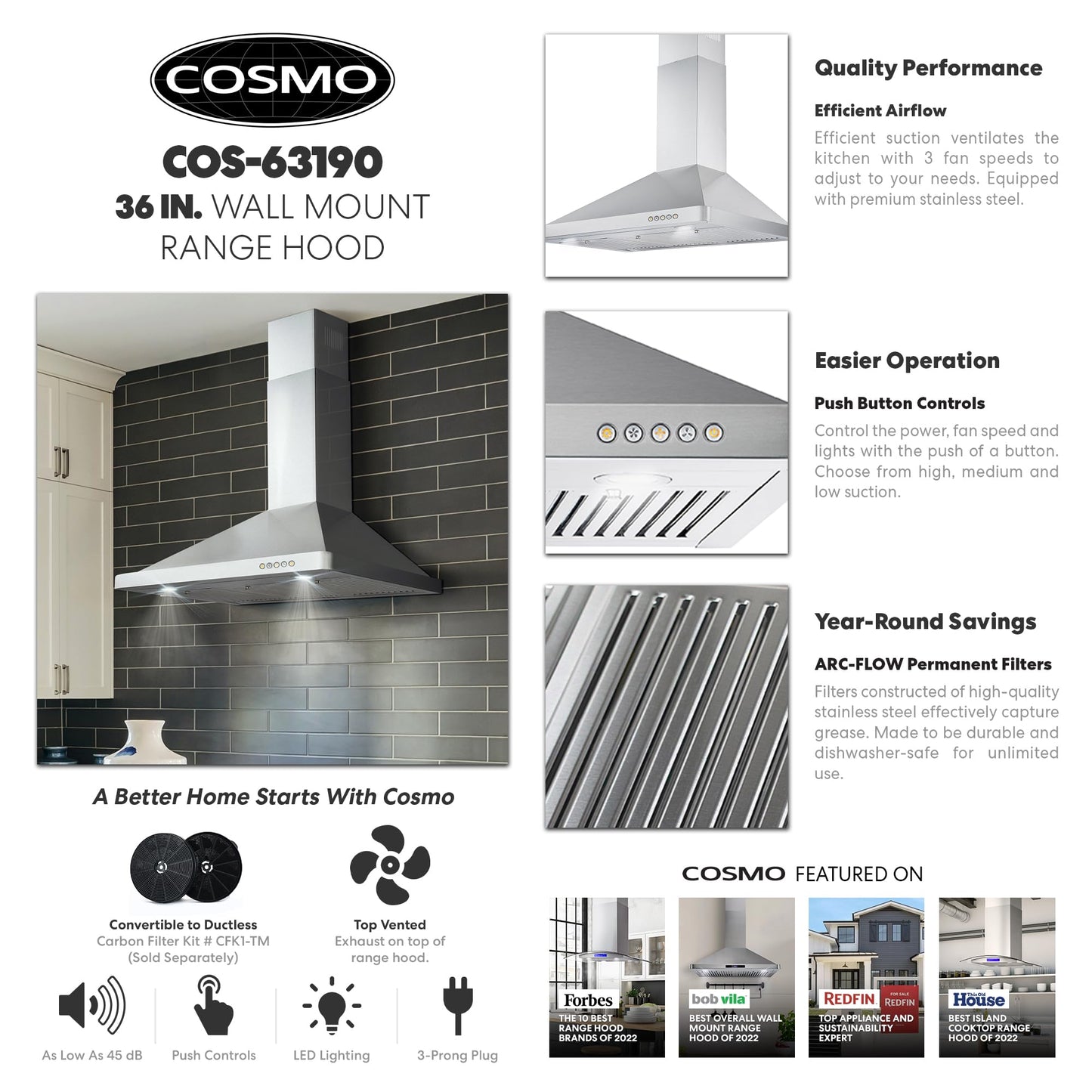 COSMO COS-63190 36 in. Vista Collection 380 CFM Ducted Wall Mount Range Hood, Button Controls, LED Lights, Stainless Steel