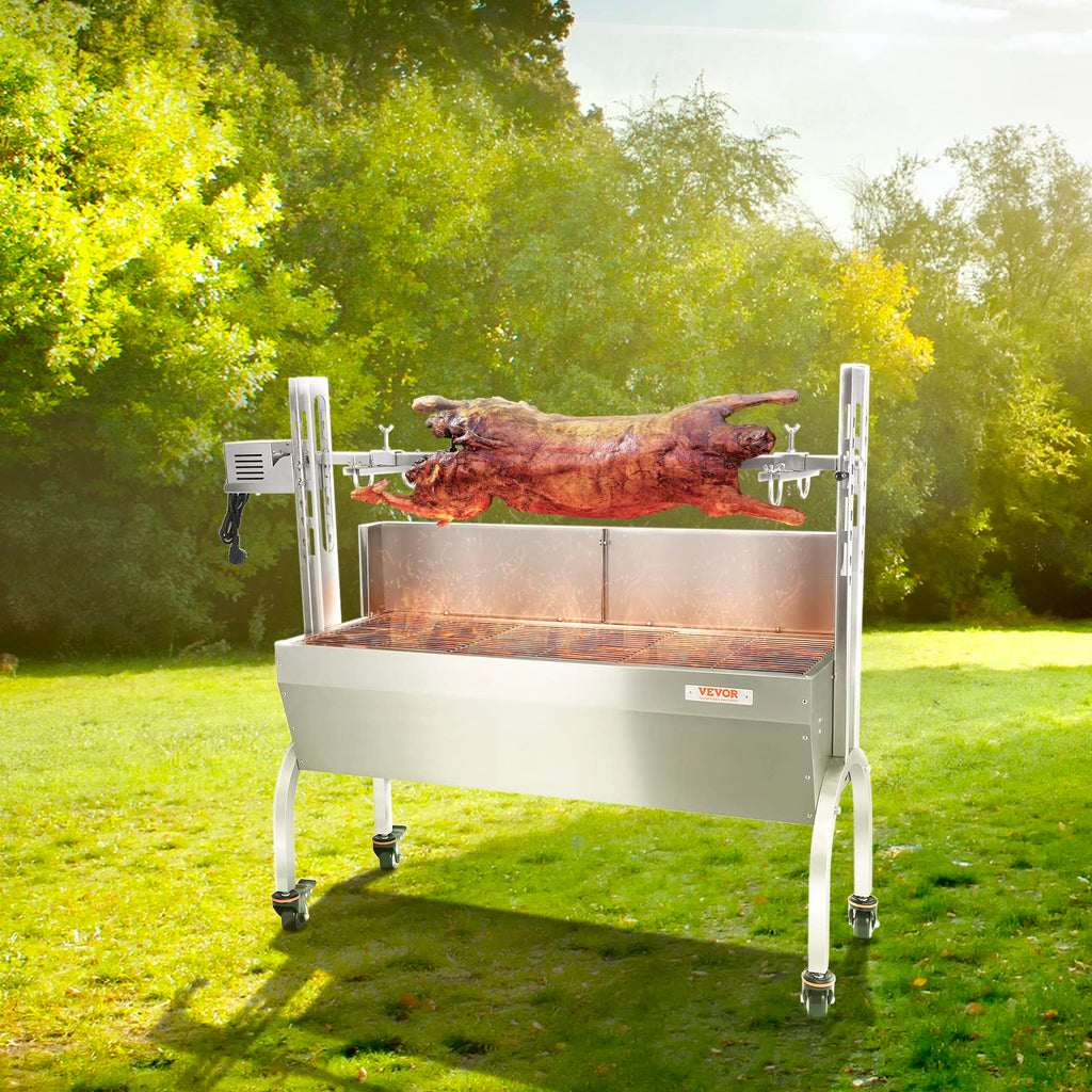 VEVOR Grill rożenowy ze stali nierdzewnej z osłoną przeciwwietrzną, grill węglowy na rożnie do grillowania całej świni, jagnięciny i kozy, silnik elektryczny 50 W, rożen do grillowania wieprzowiny, 46 cali, pojemność 132 funtów
