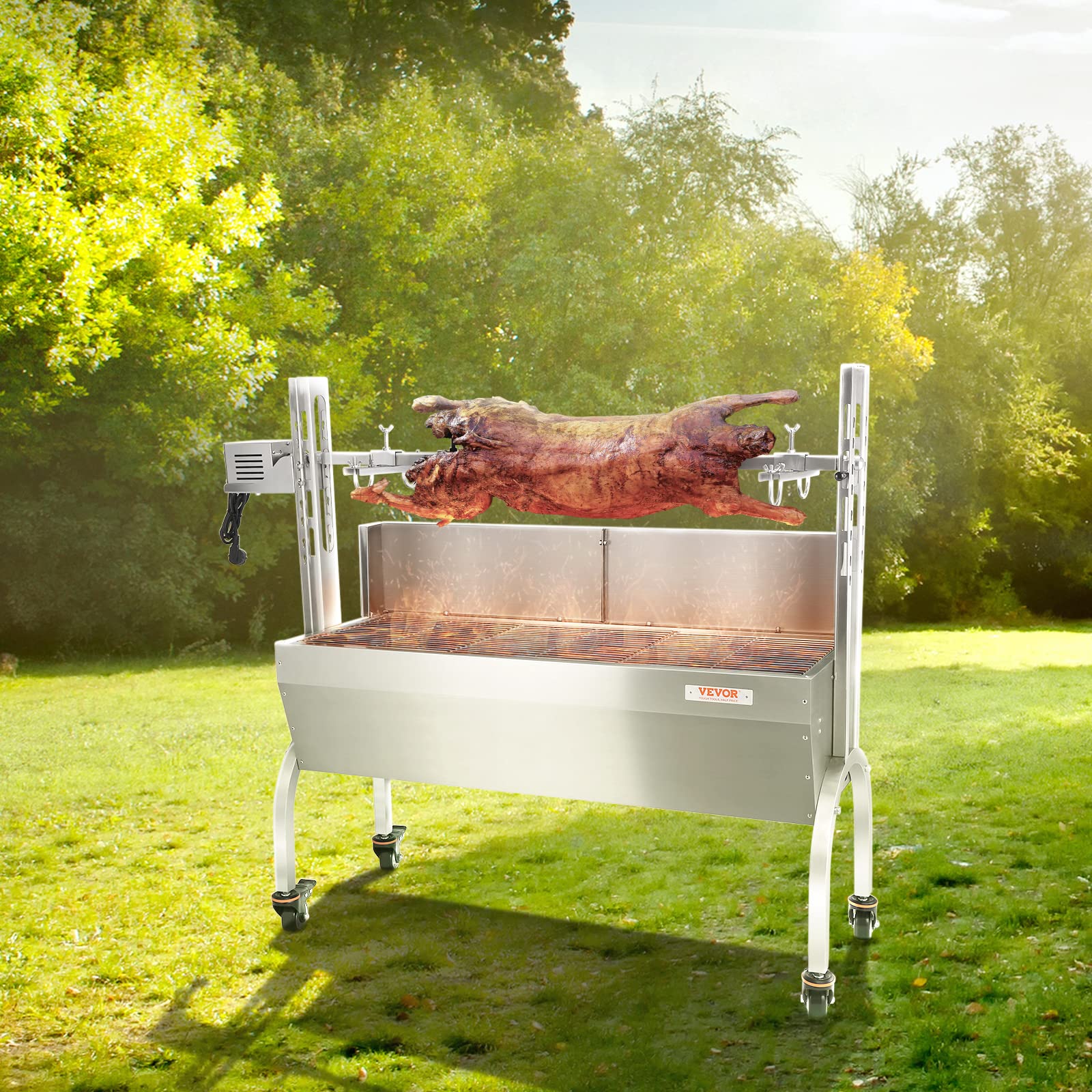 VEVOR Grill rożenowy ze stali nierdzewnej z osłoną przeciwwietrzną, grill węglowy na rożnie do grillowania całej świni, jagnięciny i kozy, silnik elektryczny 50 W, rożen do grillowania wieprzowiny, 46 cali, pojemność 132 funtów