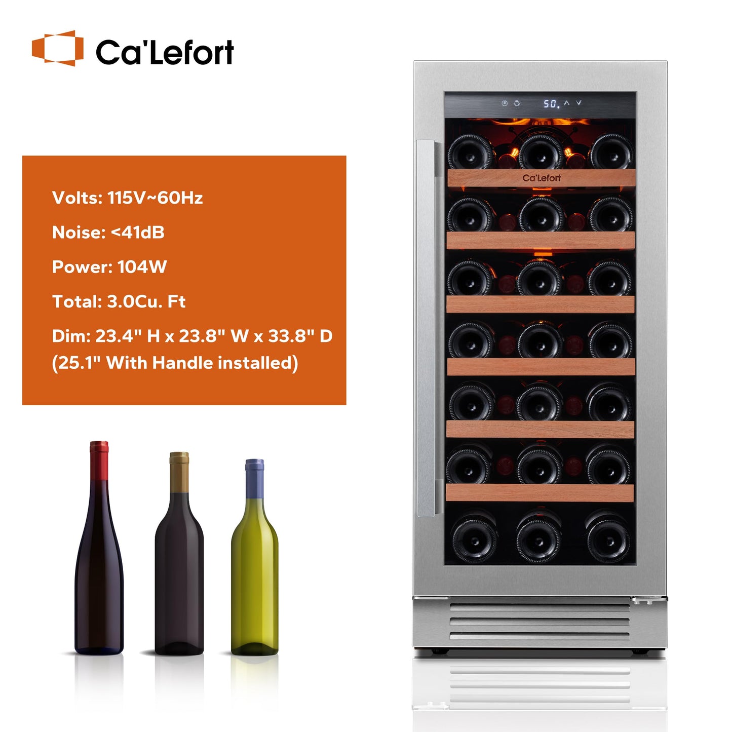 Ca'Lefort 15 Inch Wine Fridge, 33 Bottle Wine Cooler Refrigerator, 40-65°F Wine Refrigerator Glass Door, 3 LED Wine Fridge, Built-in or Freestanding Wine Fridge for Home/Bar/Kitchen (3.0 cu.ft)