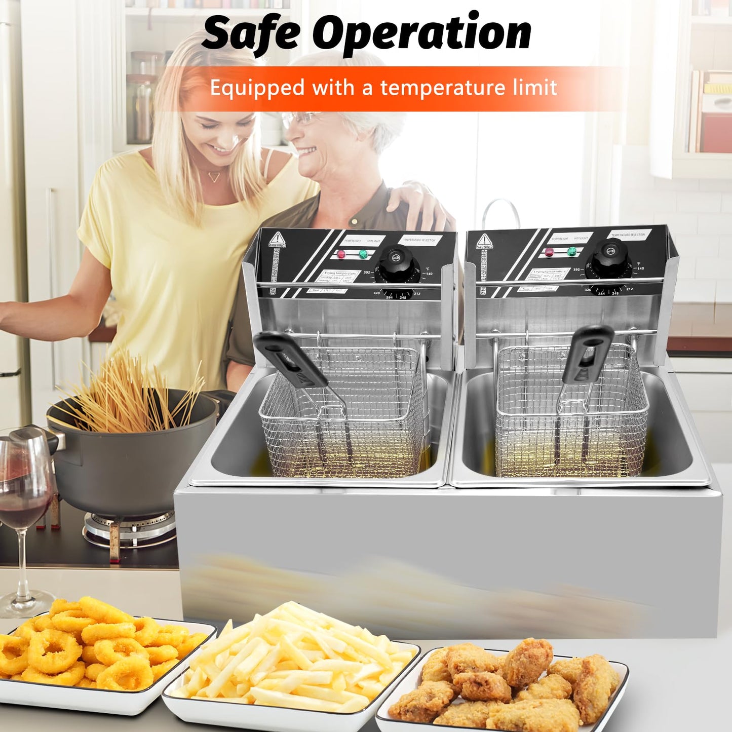 Jwevvie Commercial Deep Fryer - 22.8 QT Electric Deep Fryers with Baskets 0.8mm Thickened Stainless Steel Countertop Oil Fryer Large Capacity with Temperature Limiter (Double Tank)