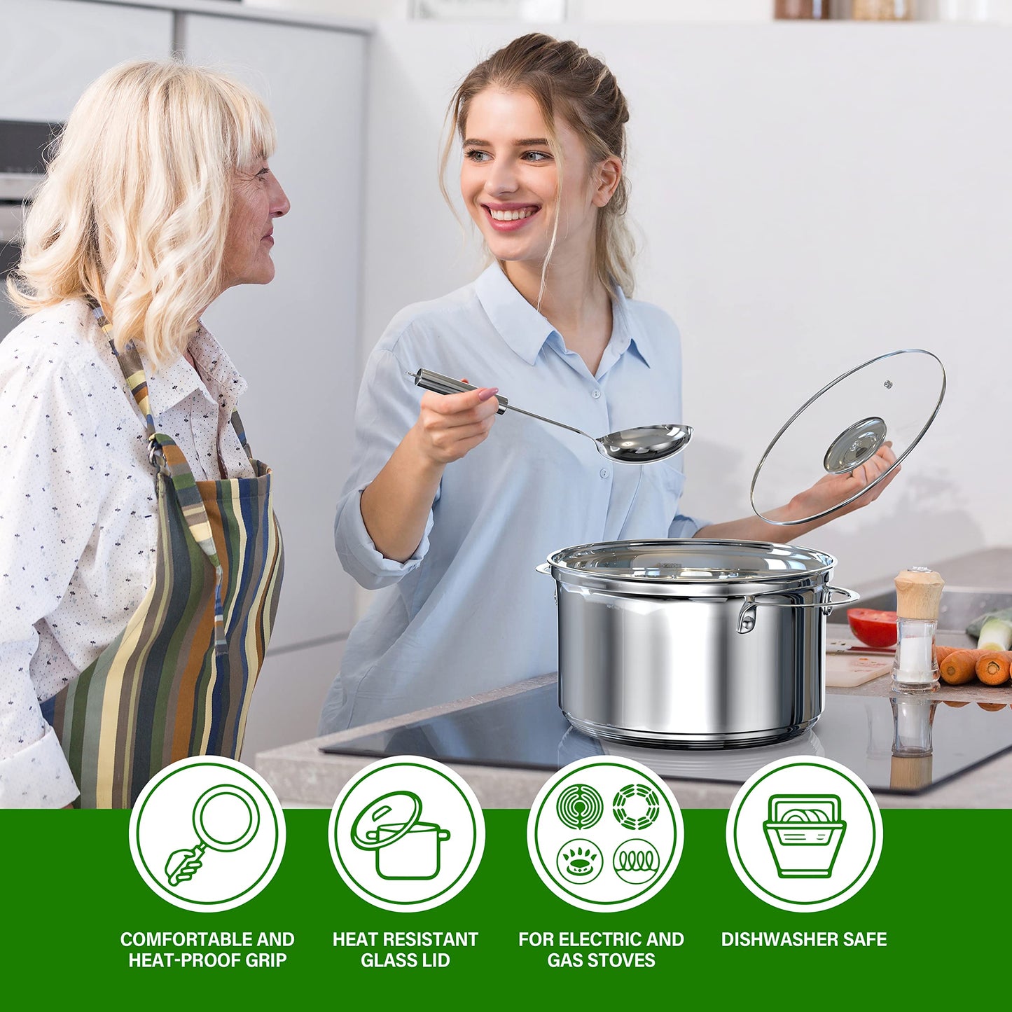 18-Piece Stainless Steel Kitchen Cookware Set, Including Saucepan, Casseroles with Tempered Glass Lid, Frypan, Steamer, Salad Bowl with Cover, Fryer Basket, Heat Resistant Mat & Utensils Set, Silver