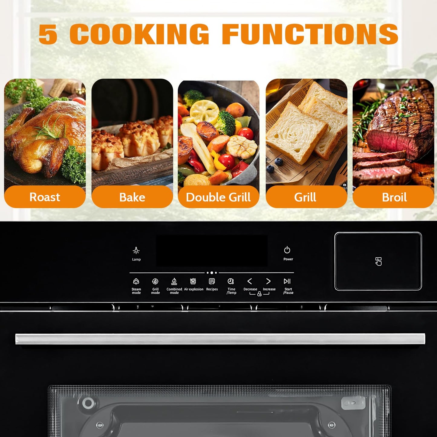 Single Wall Oven 24", Built-in Electric Ovens with 5 Automatic Recipes, 3000W, 2.5 CF Convection Steam and Air Fry Function, Stainless Steel, Touch Control, Timer, Safety Lock