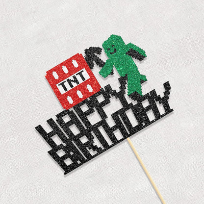 Happy Birthday Cake Topper, Pixel Style Cake Picks Decorations, Block Video Game Themed Cake Topper for Kids Boy and Girl, Black