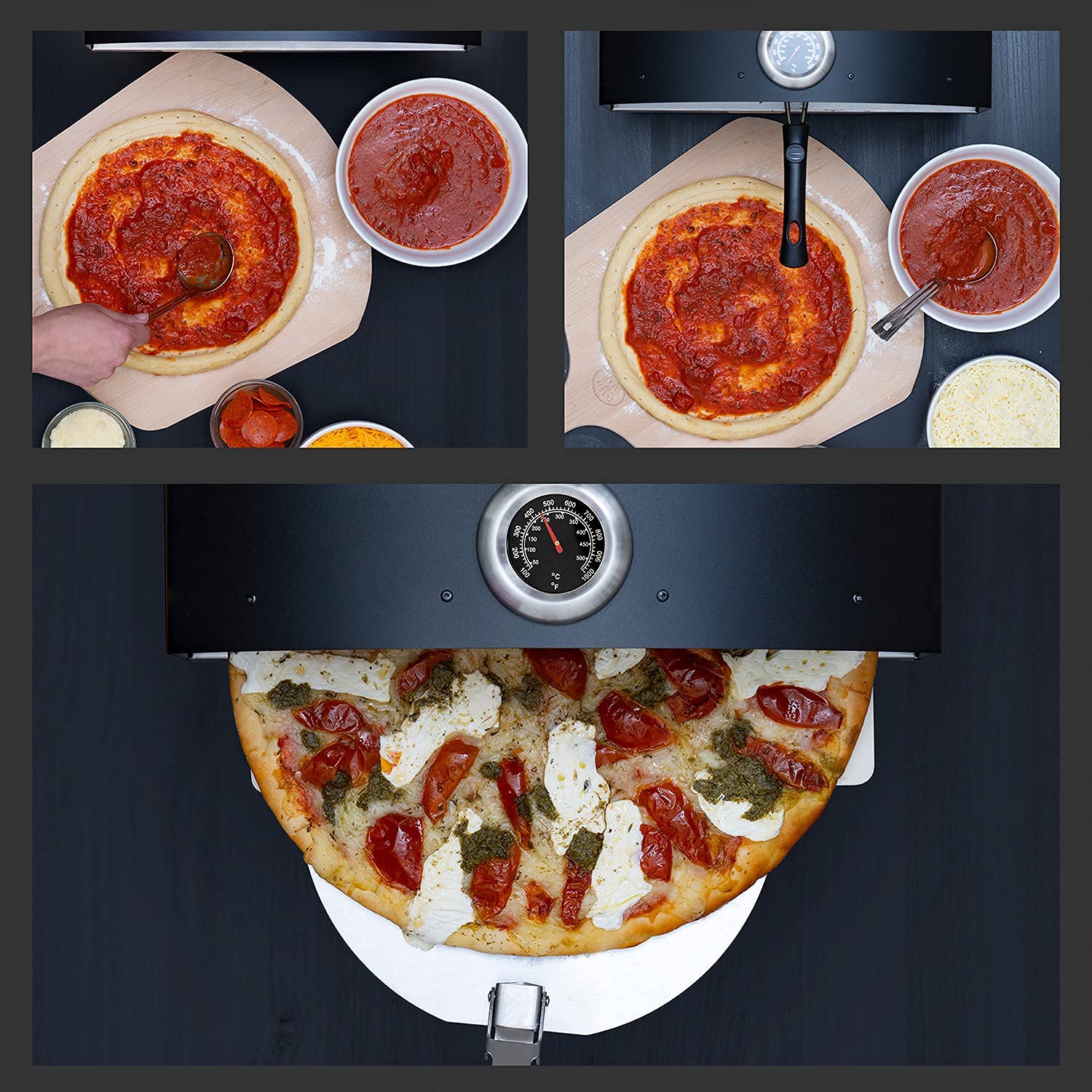 Piec do pizzy Deco Chef Outdoor Pizza Oven z funkcją 2 w 1 do pizzy i grilla, 13-calowy kamień do pizzy, przenośna 3-warstwowa konstrukcja ze stali nierdzewnej, łopatka do pizzy, skrobak do ciasta, łopatka, grill szczelinowy (czarny)