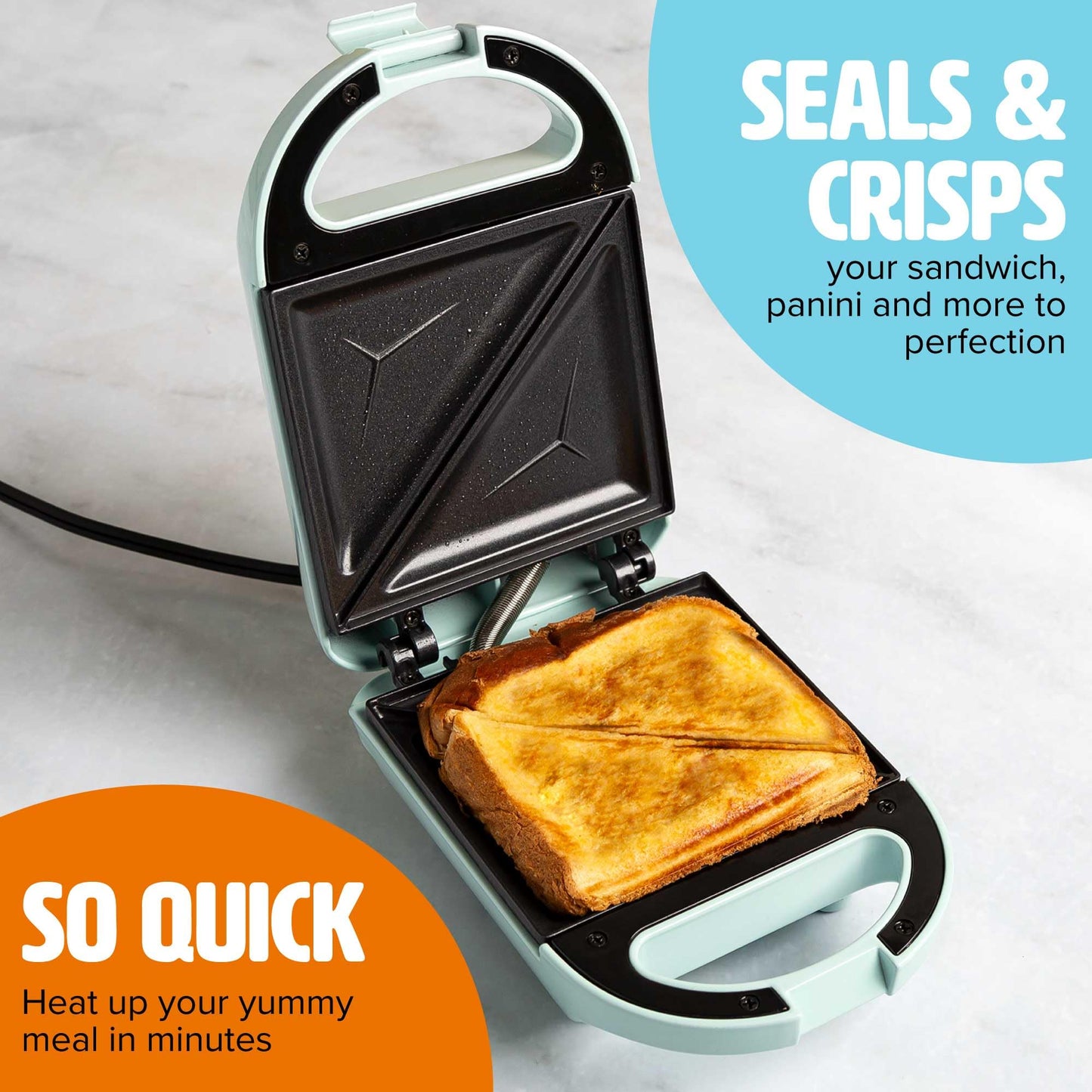 Tasty Mini Sandwich Maker, Makes Sandwiches, Paninis, Grilled Cheese, Desserts, Quick Results, Easy Cleanup, 600W, Aqua