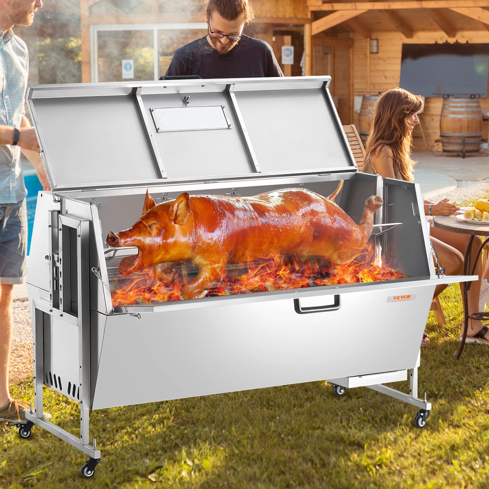 VEVOR 60W Rotisserie Grill z Kapturkiem, 56-calowy Rotisserie Pig Lamb Goat, Pojemność 286Lbs, Rożen węglowy ze stali nierdzewnej z blokowanymi kółkami, do grillowania na kempingu i na zewnątrz