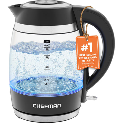 Chefman Electric Kettle, 1.8L 1500W, Hot Water Boiler, Removable Lid for Easy Cleaning, Auto Shut Off, Boil-Dry Protection, Stainless Steel Filter, BPA Free, Borosilicate Glass Electric Tea Kettle