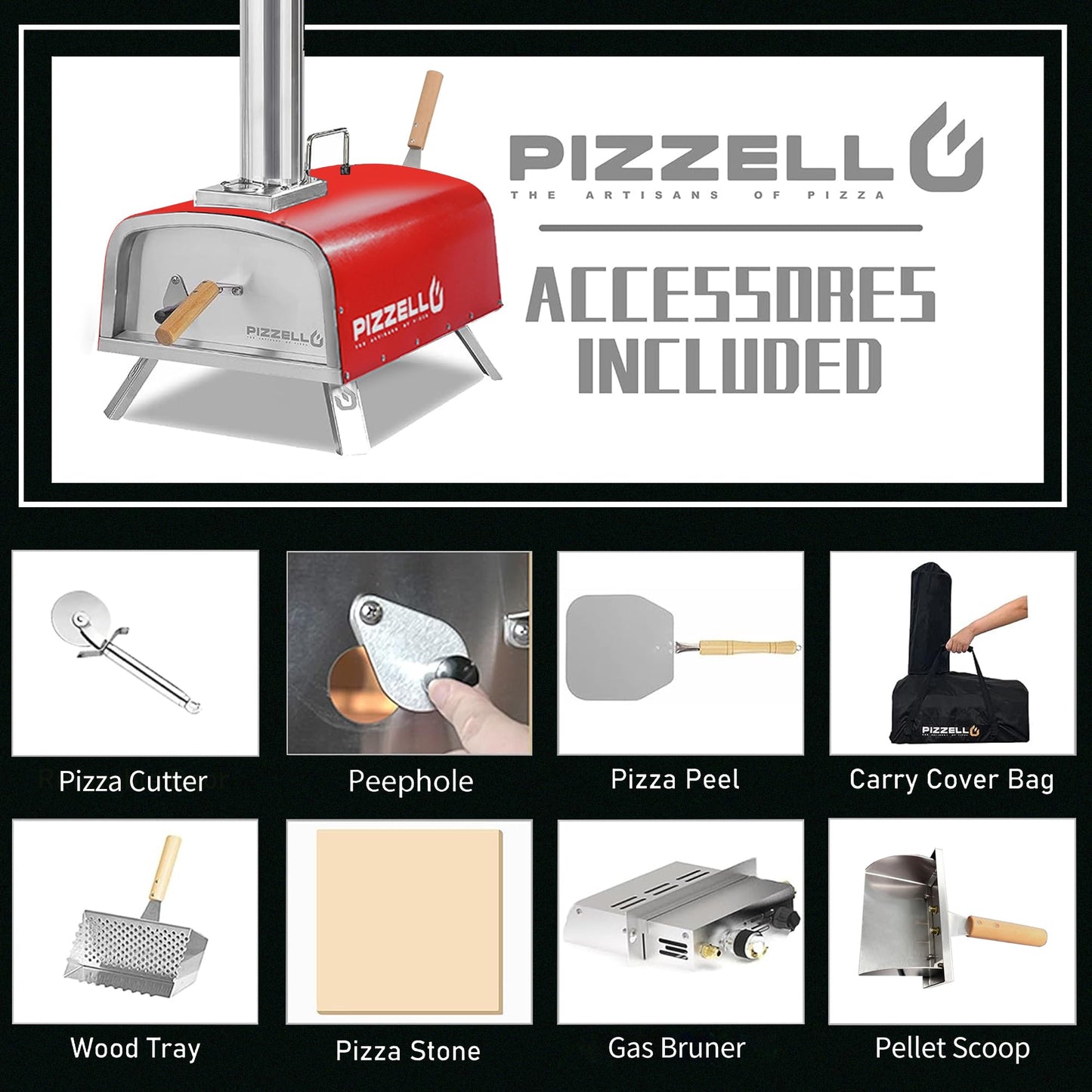 PIZZELLO 12" Outdoor Pizza Oven Propane and Wood Fired Pizza Maker Multi-Fuel Pizza Ovens with Gas Burner, Wood Tray, Stone, Pizza Peel, Cover, Forte Gas (Red)