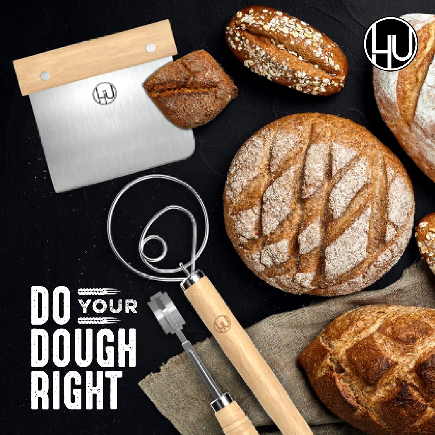 LHU Bread Making Tools and Supplies - Set of 3 - Danish Dough Whisk, Bread Lame, Bench Scraper - Dough Hook with Bread Scraper, Lame Bread Tool, Blades - Great for Baking Sourdough, Pizza, Pastry
