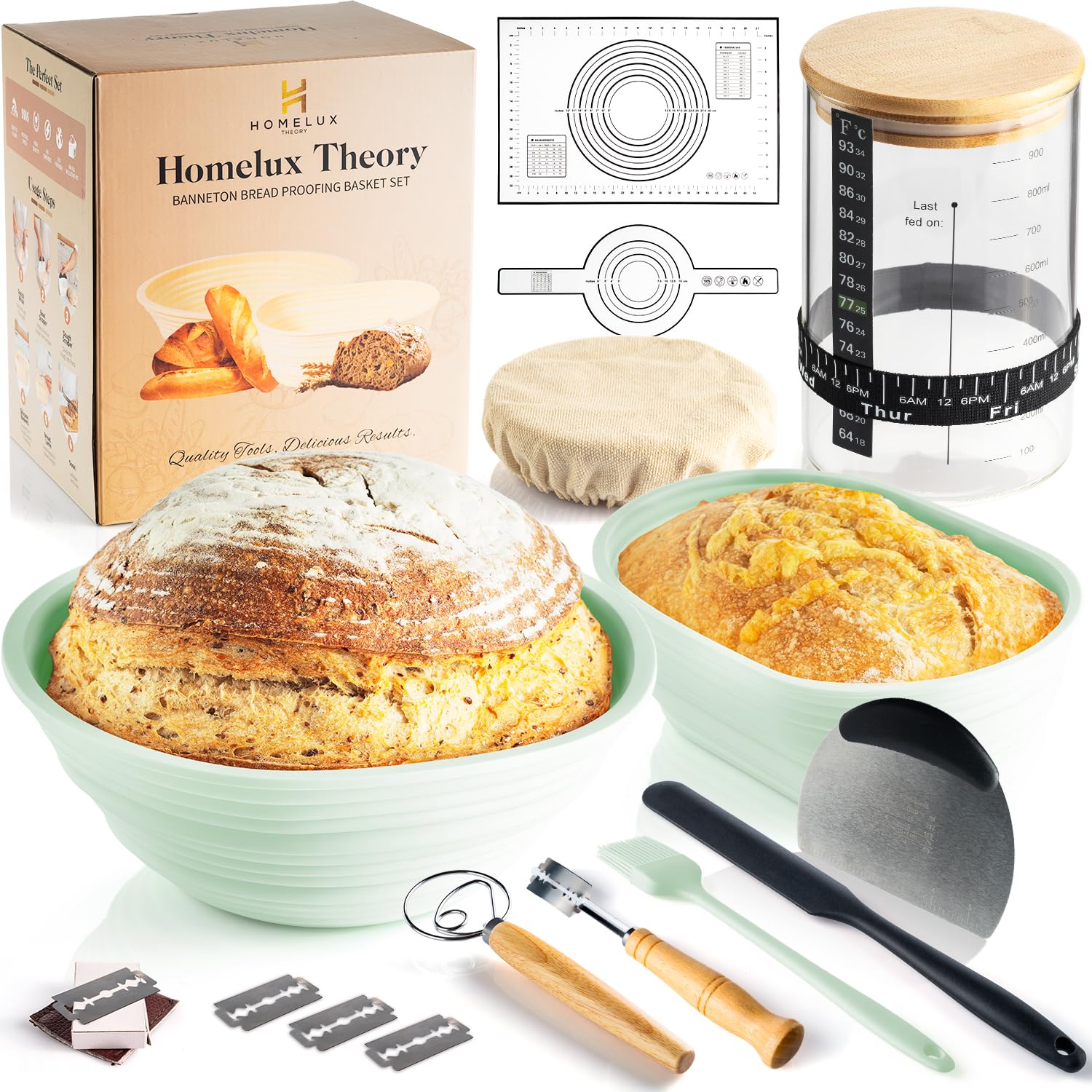 Sourdough Starter Kit, Silicone Banneton Bread Proofing Basket Set, Sourdough Bread Baking Supplies, Bread Making Kit for Sourdough Proofing with Bread Baking Bowl for Artisan Breads (Yellow)