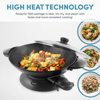 Електрична вок-сковорідка Aroma Housewares AEW-306 із кришкою із загартованого скла, антипригарним покриттям, що легко очищується, палички для їжі, решітки для темпури та приготування на пару, професійна модель, чорний колір