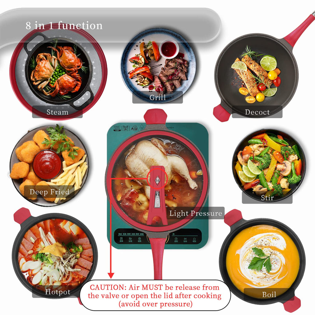 TIBORANG Nonstick 8 in 1 Multipurpose Woks and Stir Fry Pans,12.6 Inch 6L Heat Indicator Diecast Aluminum Titanium Coating Chinese Wok Pan with Lid, Silicone Spatula,Steamed Grid(Crimson Red)…